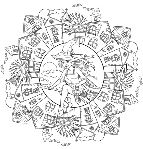 Halloween Mandala With A Witch In The Village Coloring Page